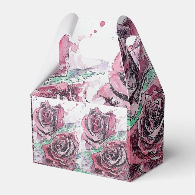 Red Rose Watercolour Art Party Cake Favor Box (Front Side)