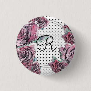 Red Rose Watercolour dot Womans Initial Badge Button