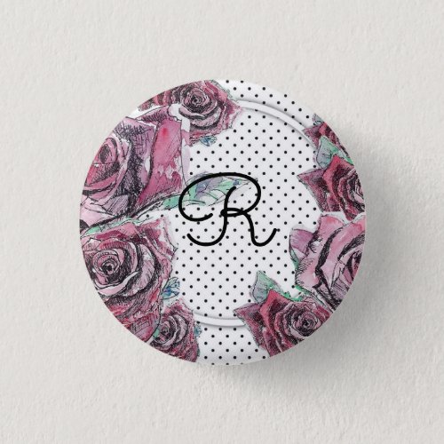 Red Rose Watercolour dot Womans Initial Badge Button