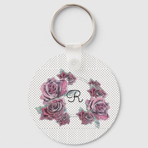 Red Rose Watercolour dot Womans Initial Keyring