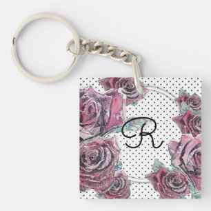 Red Rose Watercolour dot Womans Initial Keyring
