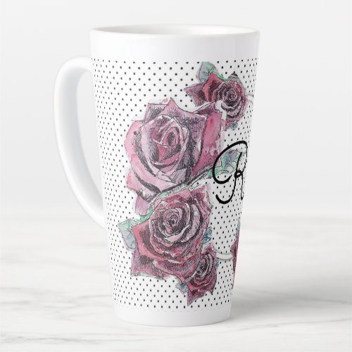 Red Rose Watercolour dot Womans Initial Latte Mug