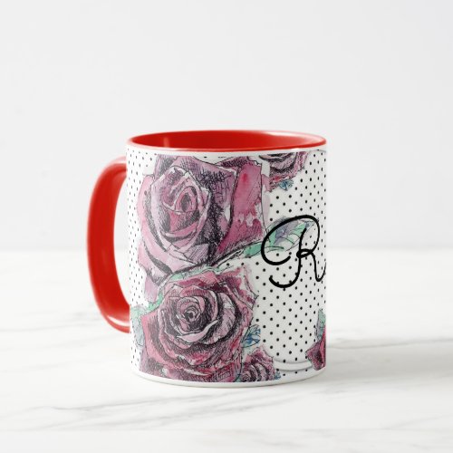 Red Rose Watercolour dot Womans Initial Mug