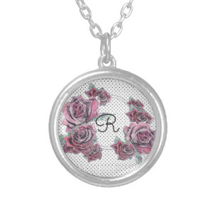 Red Rose Watercolour dot Womans Initial Necklace