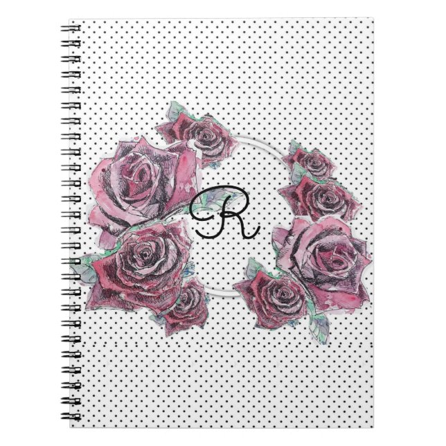 Red Rose Watercolour dot Womans Initial Notebook (Front)