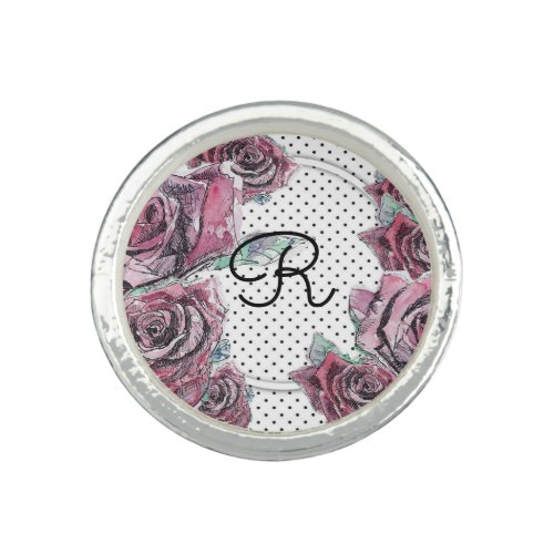 Red Rose Watercolour dot Womans Initial Ring