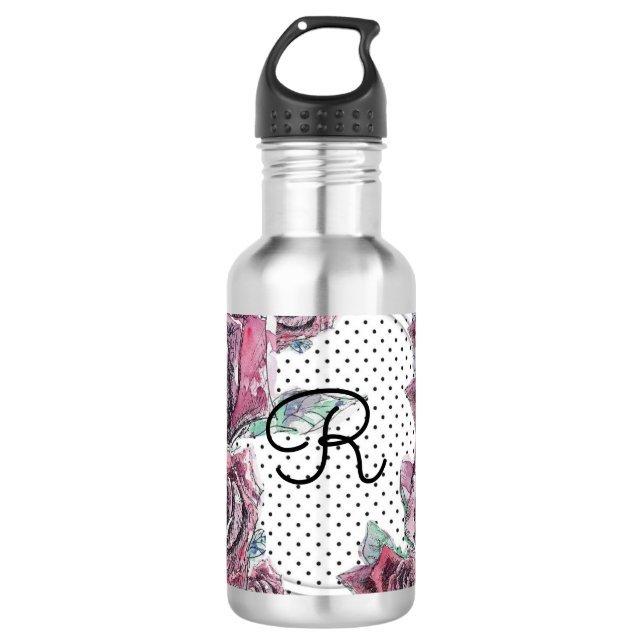 Red Rose Watercolour dot Womans Initial Stainless Steel Water Bottle (Front)