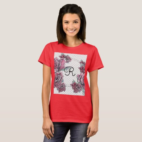 Red Rose Watercolour dot Womans Initial T Shirt