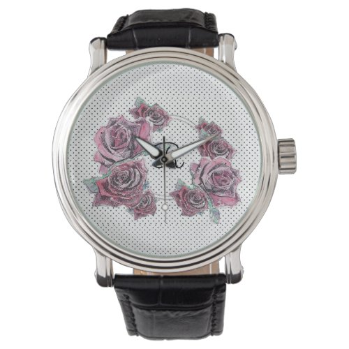 Red Rose Watercolour dot Womans Initial Watch