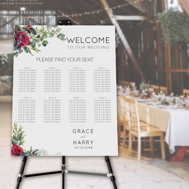 Red Rose Wedding 8 Table Seating Chart Easel Foam Board (Creator Uploaded)