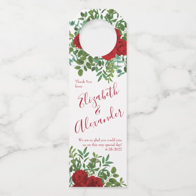 Red Rose Wedding Bottle Hanger Tag (Front)