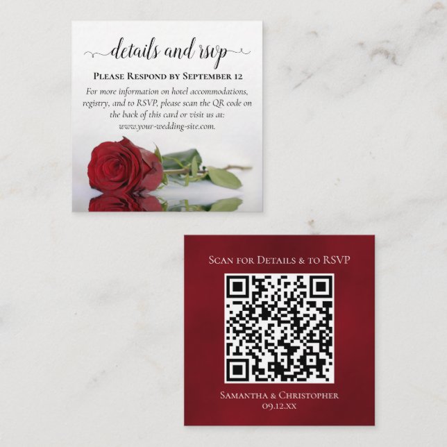 Red Rose Wedding Details & RSVP Online QR Code Enclosure Card (Front/Back)