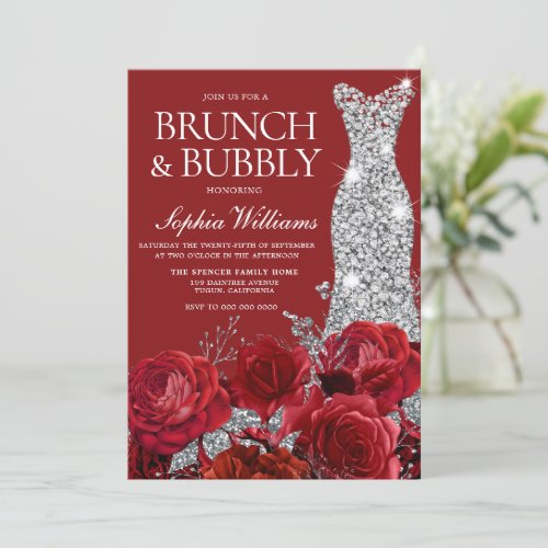 Red Rose Wedding Dress Brunch Bubbly Bridal Shower Invitation