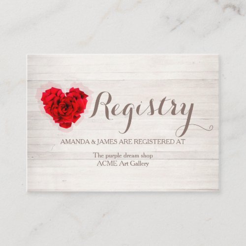 Red rose wedding gift registry card hhn01 - Heart shaped red rose on wood background wedding gift registry card. Matching products available. Search "hhn01" to see all products with this elegant / romantic red rose design