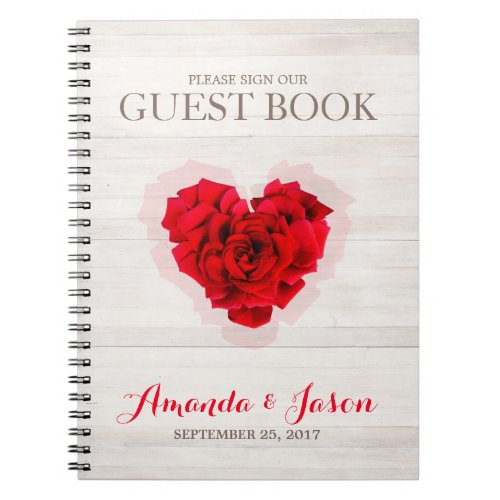 Red rose wedding guest book hhn01 - Heart shaped red rose on wood background wedding guest book. Matching products available. Search "hhn01" to see all products with this elegant / romantic red rose design