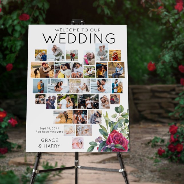 Red Rose Wedding Heart Photo Collage Welcome Foam Board (Creator Uploaded)