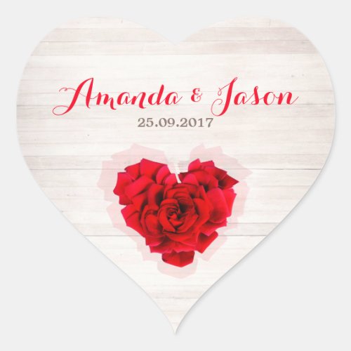 Red rose wedding heart shape sticker hhn01 - Heart shaped red rose on wood background wedding heart shape sticker. Matching products available. Search "hhn01" to see all products with this elegant / romantic red rose design