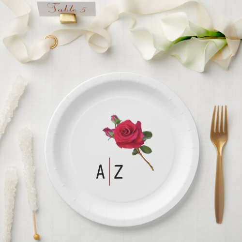 Red Rose Wedding Initials Paper Plates