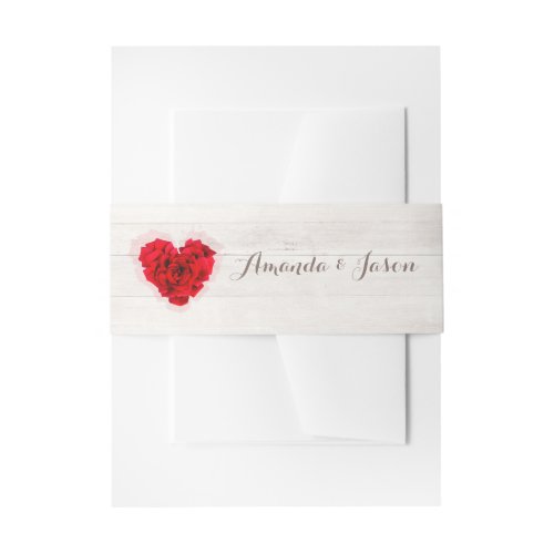 Red rose wedding invitation belly bands hhn01 invitation belly band - Heart shaped red rose on wood background wedding invitation belly band. Matching products available. Search "hhn01" to see all products with this elegant / romantic red rose design