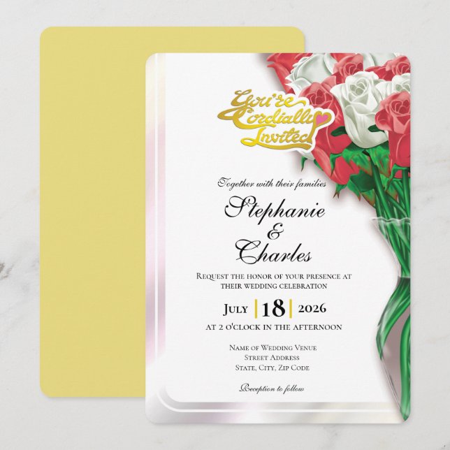 Red Rose Wedding Invitation - Gold Lettering 2 (Front/Back)
