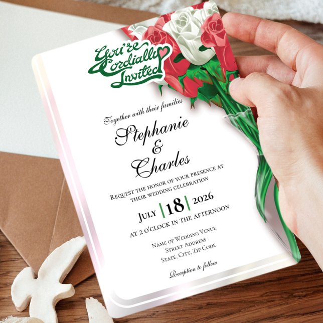 Red Rose Wedding Invitation - Green Lettering 2 (Red and White roses in vase wedding invite design with green heading)