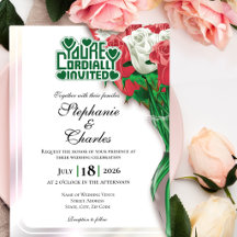 Red Rose Wedding Invitation - Green Lettering 3