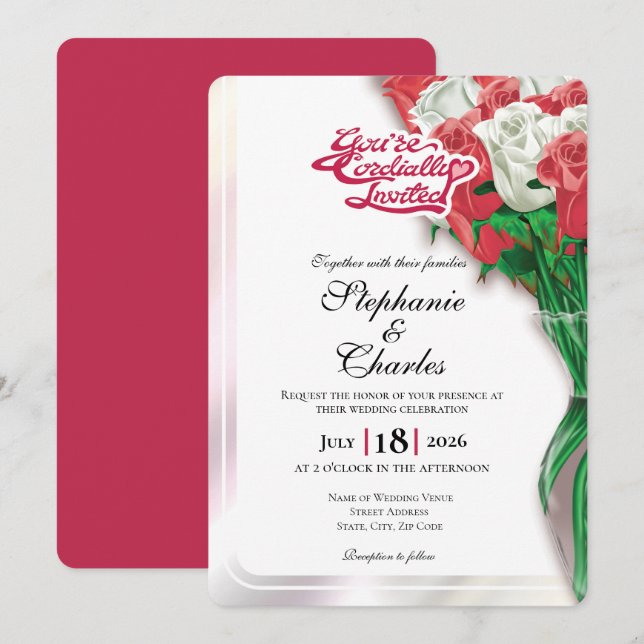 Red Rose Wedding Invitation - Red Lettering 2 (Front/Back)