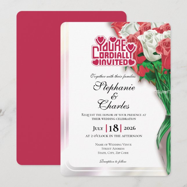 Red Rose Wedding Invitation - Red Lettering 3 (Front/Back)