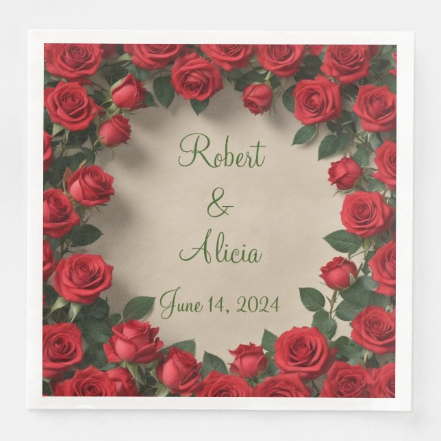 Red Rose Wedding Paper Dinner Napkins (Front)
