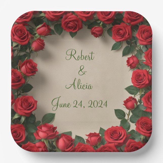 Red Rose Wedding Paper Plates (Front)
