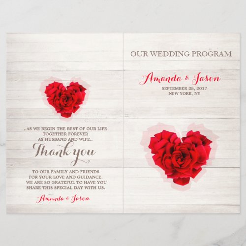 Red rose wedding program card hhn01 - Heart shaped red rose on wood background book fold program. You will have to manually fold these program card. Matching products available. Search "hhn01" to see all products with this elegant / romantic red rose design. 4" x 9" rack card wedding program also available in our collection.