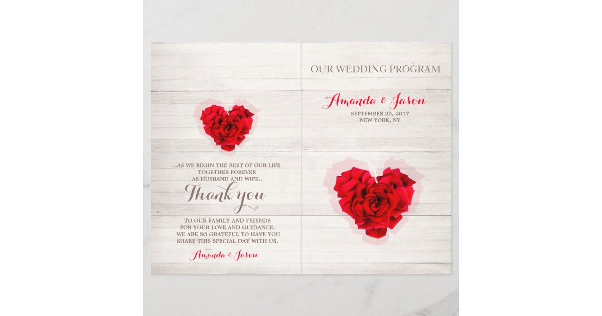 Red rose wedding program card hhn01 | Zazzle