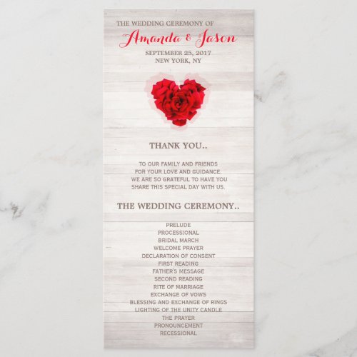 Red rose wedding program card hhn01 - Heart shaped red rose on wood background wedding program. You will have to manually fold these program card. Matching products available. Search "hhn01" to see all products with this elegant / romantic red rose design. 8.5" x 11" book fold card wedding program also available in our collection.