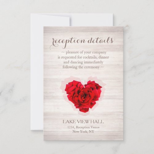 Red rose wedding reception invitation card hhn01 - Heart shaped red rose on wood background wedding reception invitation card. Matching products available. Search "hhn01" to see all products with this elegant / romantic red rose design