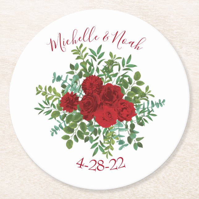 Red Rose Wedding Round Paper Coaster (Front)