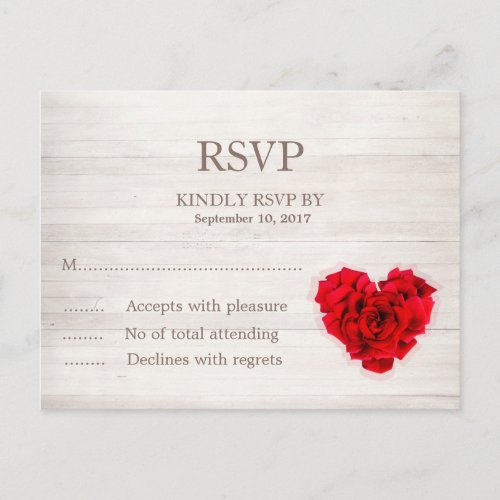 Red rose wedding RSVP card hhn01 - Heart shaped red rose on wood background wedding RSVP card. Matching products available. Search "hhn01" to see all products with this elegant / romantic red rose design