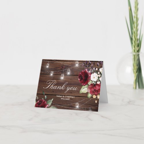 Red Rose Wedding Rustic Wood Thank You Card