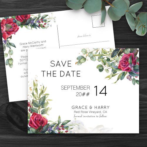 Red Rose Wedding Save the Date Announcement Postcard