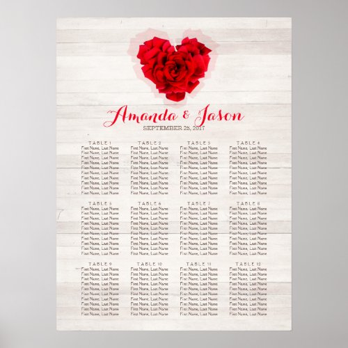 Red rose wedding seating chart poster hhn01 - Heart shaped red rose on wood background wedding seating chart poster. Matching products available. Search "hhn01" to see all products with this elegant / romantic red rose design