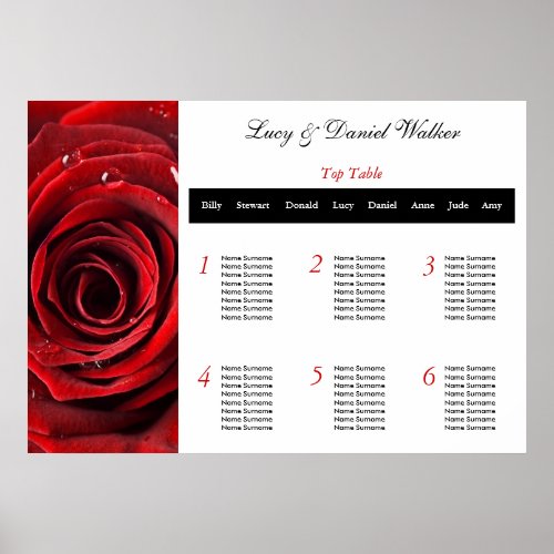 Red Rose Wedding Seating Table Plan Poster