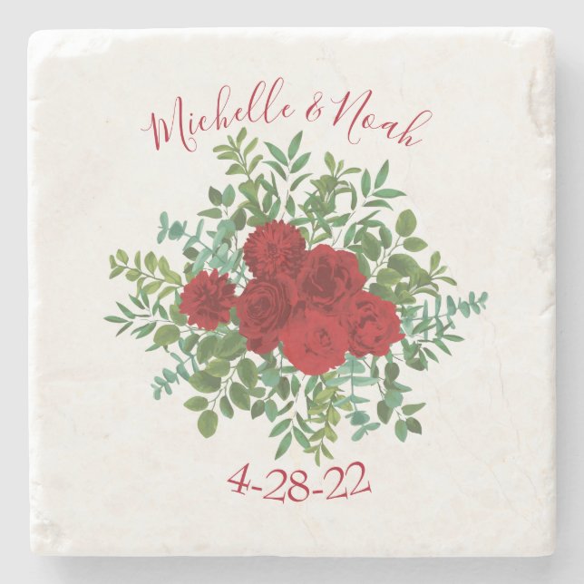 Red Rose Wedding Stone Coaster (Front)