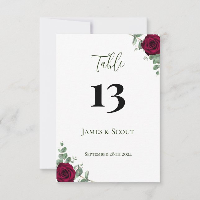 Red Rose Wedding Table Number (Front)