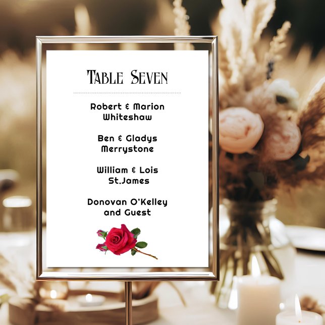 Red Rose Wedding Table Number Name List Card (Creator Uploaded)