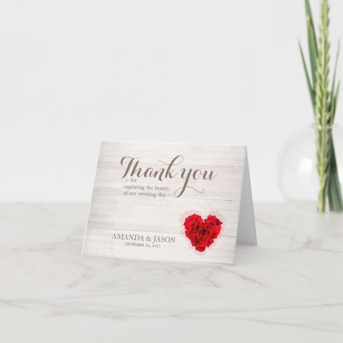 Red rose wedding thank you card hhn01 - Heart shaped red rose on wood background thank you note card for photographer / videographer. Matching products available. Search "hhn01" to see all products with this elegant / romantic red rose design. You can customize this design easily to say thank you for your wedding beautician, wedding planner, or anyone who support you during the day. Thank you postcards also available in our collection,