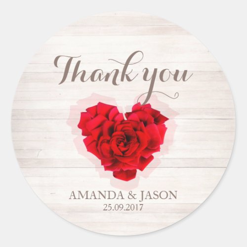 Red rose wedding thank you round sticker hhn01 - Heart shaped red rose on wood background wedding thank you round sticker. Matching products available. Search "hhn01" to see all products with this elegant / romantic red rose design