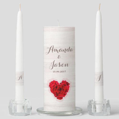 Red rose wedding unity candle set hhn01 - Heart shaped red rose on wood background unity candle set with one pillar candle and two taper candles . Matching products available. Search "hhn01" to see all products with this elegant / romantic red rose design