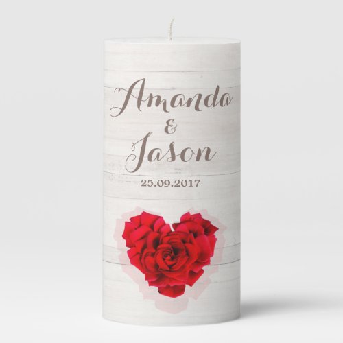Red rose wedding unity pillar candle hhn01 - Heart shaped red rose on wood background wedding unity pillar candle. Matching products available. Search "hhn01" to see all products with this elegant / romantic red rose design