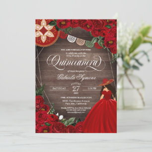 Red Rose Western Charra Mariachi Quinceañera Invit Invitation