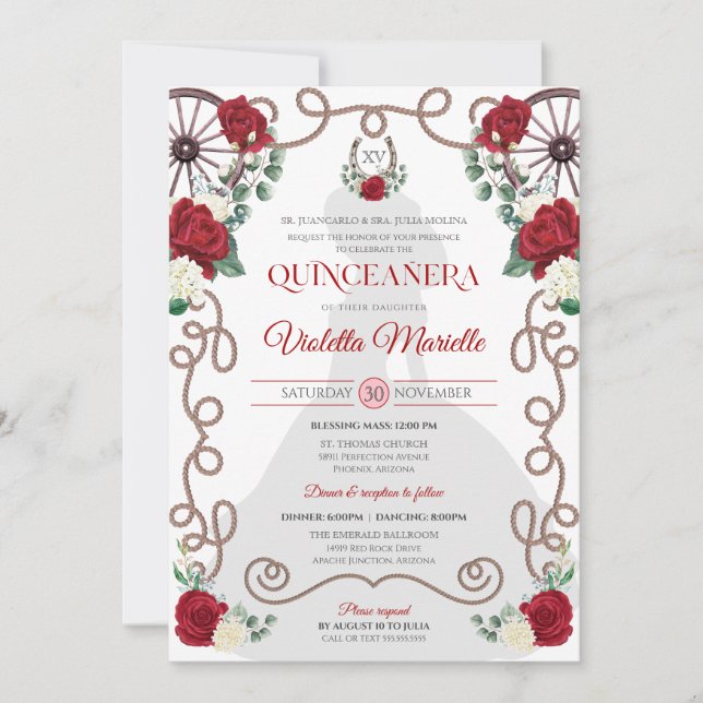 Red Rose Western Charro Quinceanera Invitation (Front)