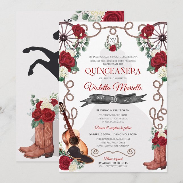 Red Rose Western Quinceañera Elegant Charra Invitation (Front/Back)